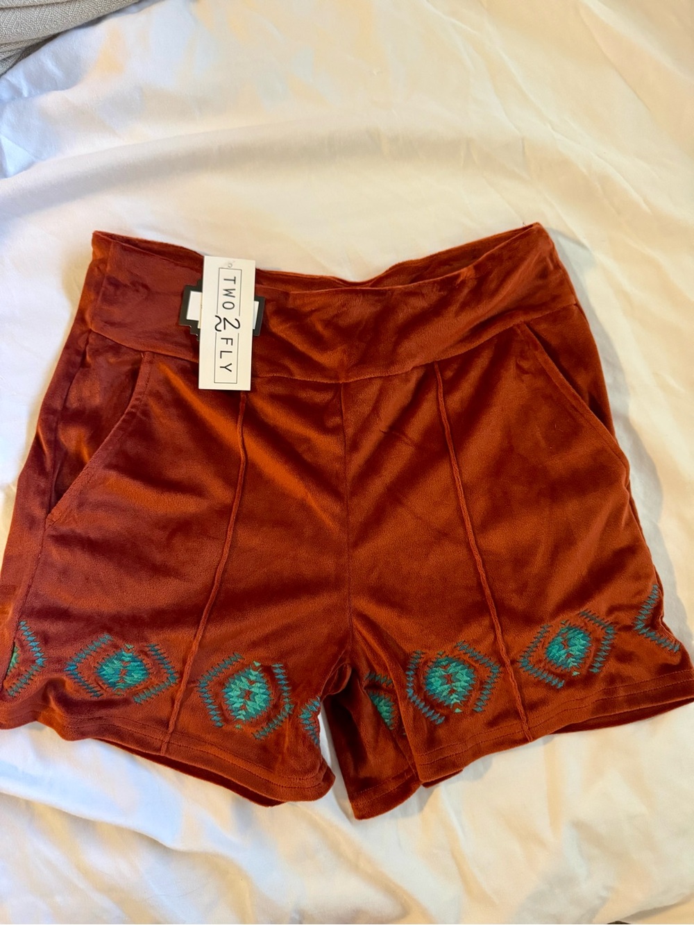 Two by Fly High-Waist Velvet Shorts in Rust Orange with Teal Accents